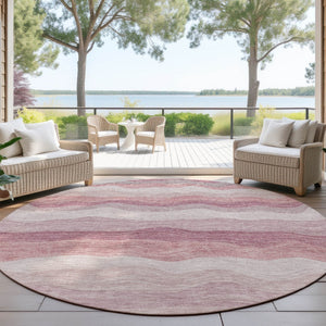 HomeRoots 8' Salmon Peach Striped Round Area Rug - Durable, Washable, Indoor/Outdoor Style for Any Space 690413
