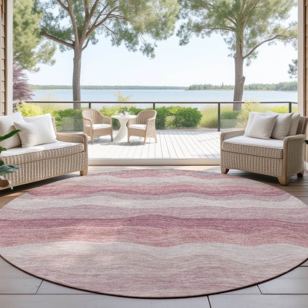 HomeRoots 8' Salmon Peach Striped Round Area Rug - Durable, Washable, Indoor/Outdoor Style for Any Space 690413