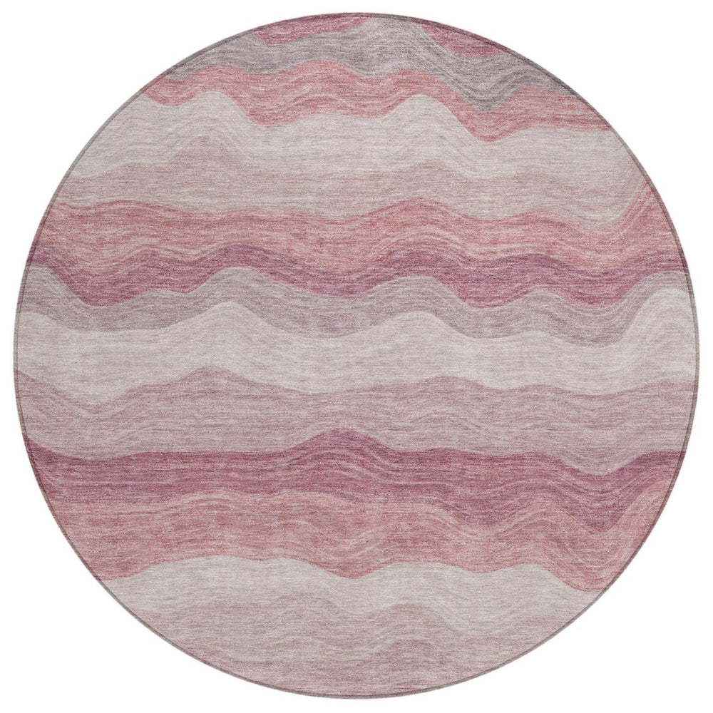 HomeRoots 8' Salmon Peach Striped Round Area Rug - Durable, Washable, Indoor/Outdoor Style for Any Space 690413