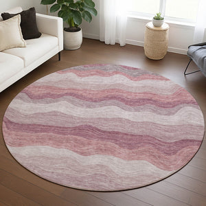 HomeRoots 8' Salmon Peach Striped Round Area Rug - Durable, Washable, Indoor/Outdoor Style for Any Space 690413
