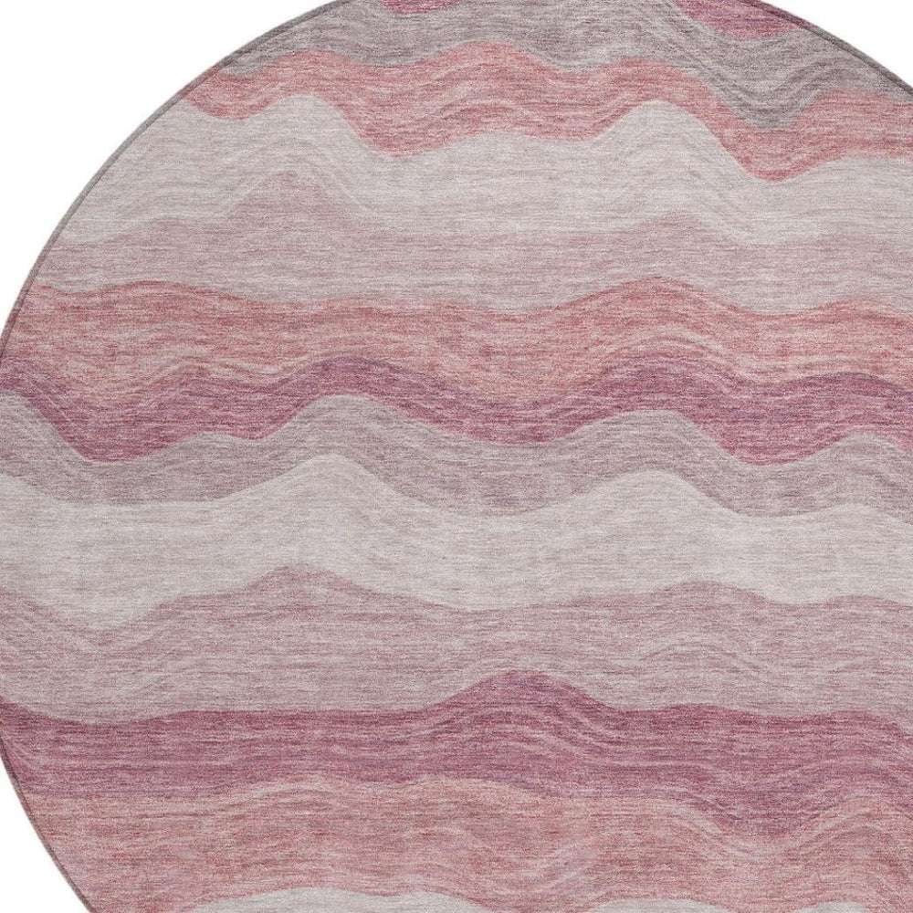 HomeRoots 8' Salmon Peach Striped Round Area Rug - Durable, Washable, Indoor/Outdoor Style for Any Space 690413