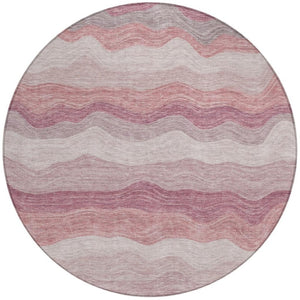 HomeRoots 8' Salmon Peach Striped Round Area Rug - Durable, Washable, Indoor/Outdoor Style for Any Space 690413