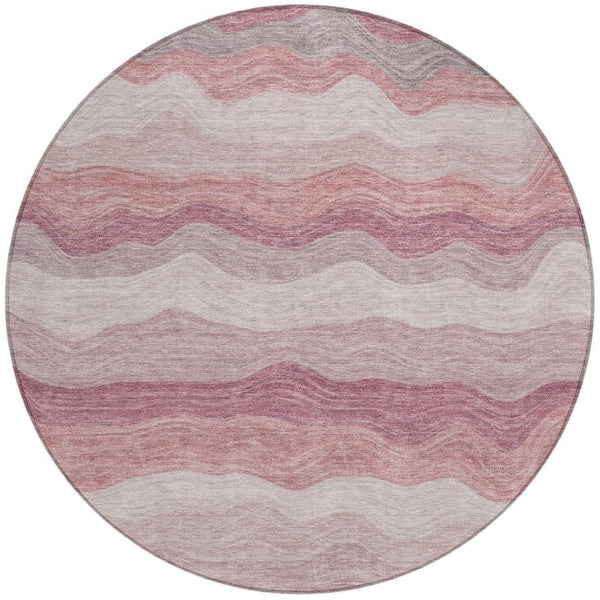 HomeRoots 8' Salmon Peach Striped Round Area Rug - Durable, Washable, Indoor/Outdoor Style for Any Space 690413