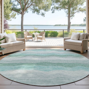 HomeRoots 8' Teal Blue, Silver & Gray Round Striped Rug - Washable, Durable Design for Indoor & Outdoor Spaces 690419