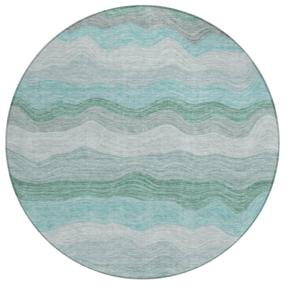 HomeRoots 8' Teal Blue, Silver & Gray Round Striped Rug - Washable, Durable Design for Indoor & Outdoor Spaces 690419