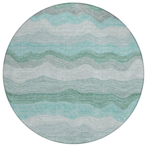 HomeRoots 8' Teal Blue, Silver & Gray Round Striped Rug - Washable, Durable Design for Indoor & Outdoor Spaces 690419