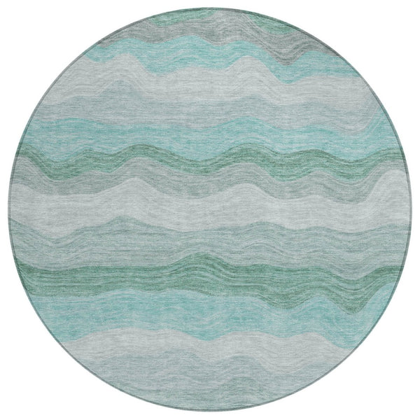 HomeRoots 8' Teal Blue, Silver & Gray Round Striped Rug - Washable, Durable Design for Indoor & Outdoor Spaces 690419