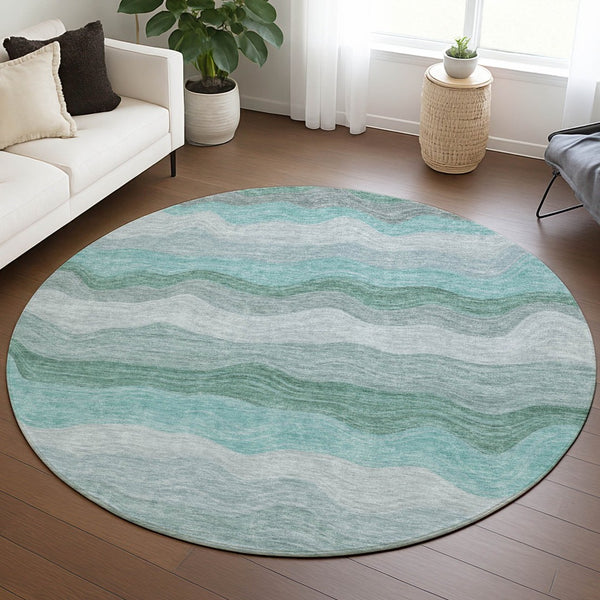HomeRoots 8' Teal Blue, Silver & Gray Round Striped Rug - Washable, Durable Design for Indoor & Outdoor Spaces 690419