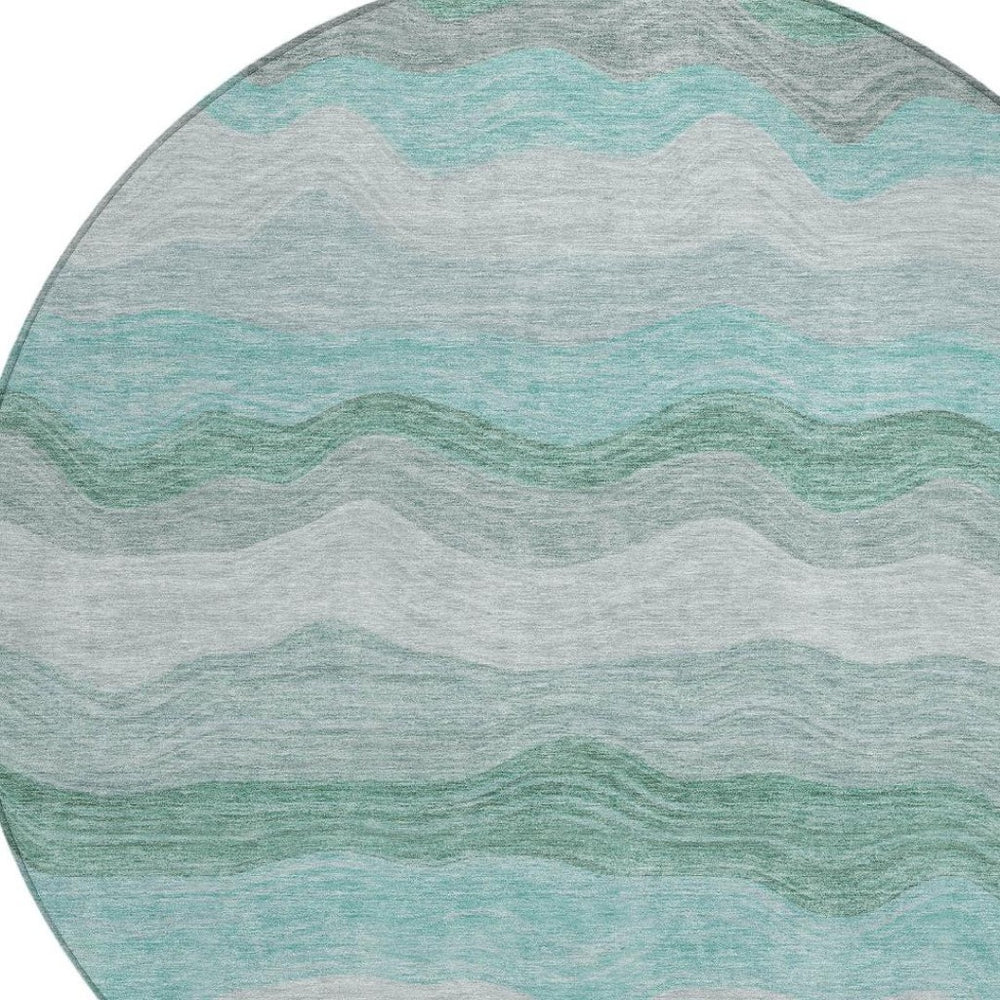 HomeRoots 8' Teal Blue, Silver & Gray Round Striped Rug - Washable, Durable Design for Indoor & Outdoor Spaces 690419