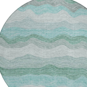 HomeRoots 8' Teal Blue, Silver & Gray Round Striped Rug - Washable, Durable Design for Indoor & Outdoor Spaces 690419