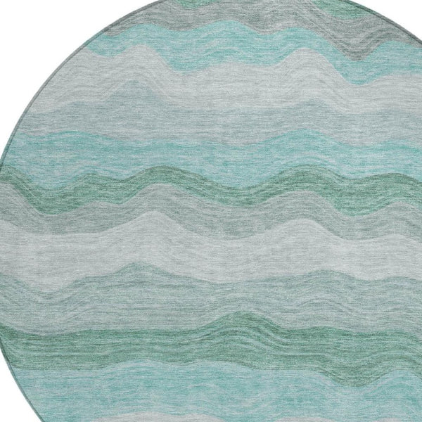 HomeRoots 8' Teal Blue, Silver & Gray Round Striped Rug - Washable, Durable Design for Indoor & Outdoor Spaces 690419