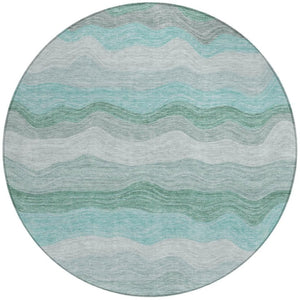 HomeRoots 8' Teal Blue, Silver & Gray Round Striped Rug - Washable, Durable Design for Indoor & Outdoor Spaces 690419