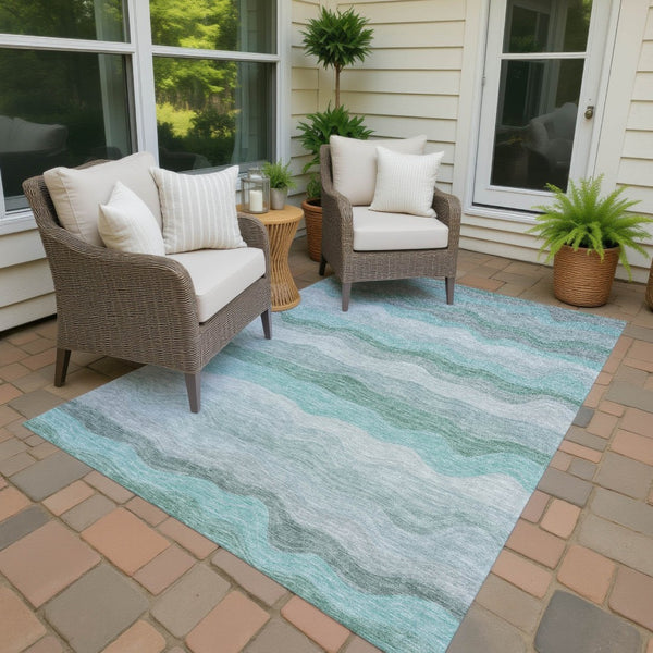 HomeRoots 8' X 10' Stylish Teal Blue Gray Striped Washable Area Rug – Indoor/Outdoor Durability & Elegance! 690420
