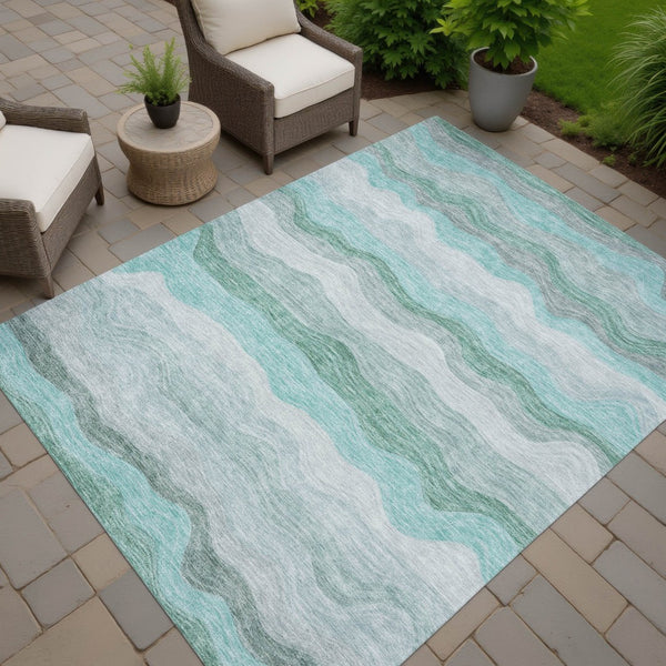 HomeRoots 8' X 10' Stylish Teal Blue Gray Striped Washable Area Rug – Indoor/Outdoor Durability & Elegance! 690420