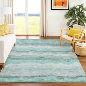 HomeRoots 9' X 12' Teal Blue Striped Area Rug - Durable, Machine-Washable for Indoor & Outdoor Use, Easy Care! 690421
