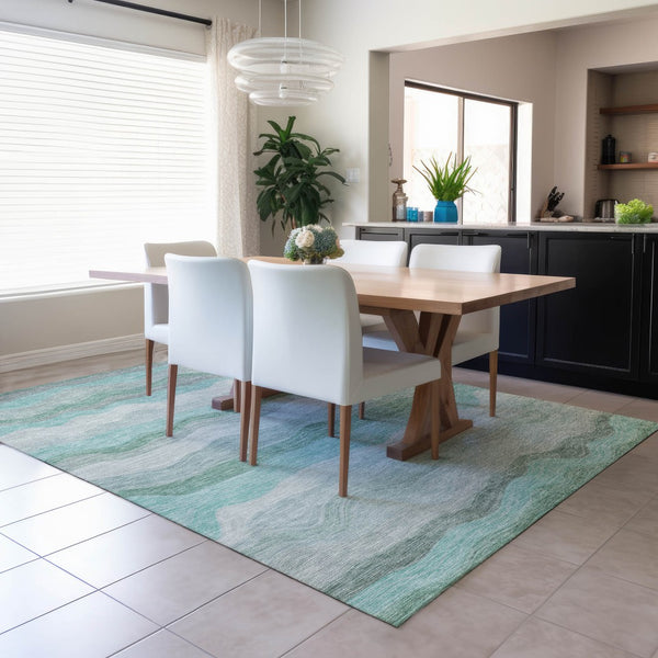 HomeRoots 9' X 12' Teal Blue Striped Area Rug - Durable, Machine-Washable for Indoor & Outdoor Use, Easy Care! 690421