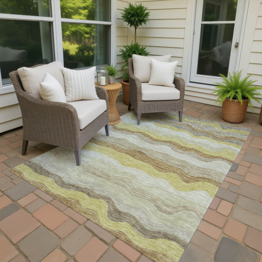 HomeRoots 5' Striped Wheat Khaki and Beige Indoor/Outdoor Area Rug – Durable, Washable, Stylish for Any Space 690424