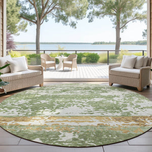 HomeRoots 8' Artichoke Green, Gold & Pewter Round Striped Area Rug - Washable, Durable, Indoor/Outdoor Style 690431