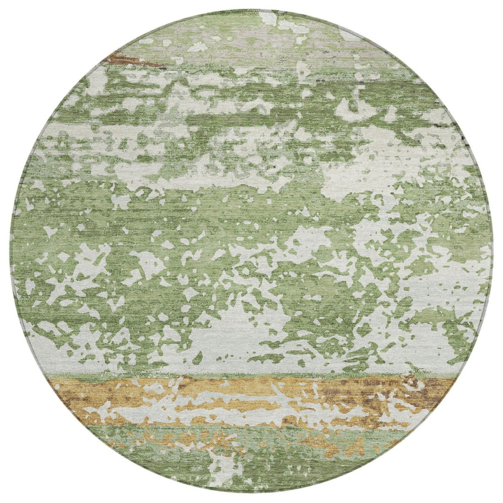 HomeRoots 8' Artichoke Green, Gold & Pewter Round Striped Area Rug - Washable, Durable, Indoor/Outdoor Style 690431