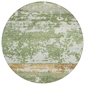 HomeRoots 8' Artichoke Green, Gold & Pewter Round Striped Area Rug - Washable, Durable, Indoor/Outdoor Style 690431