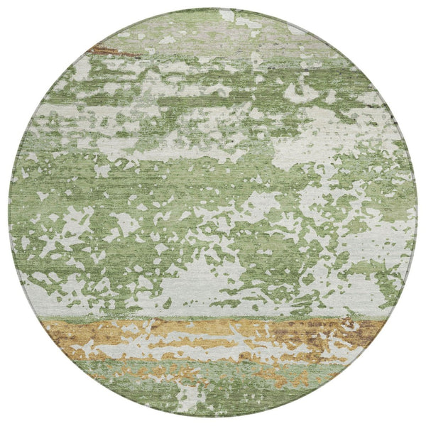 HomeRoots 8' Artichoke Green, Gold & Pewter Round Striped Area Rug - Washable, Durable, Indoor/Outdoor Style 690431