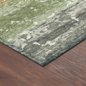 HomeRoots 8' Artichoke Green, Gold & Pewter Round Striped Area Rug - Washable, Durable, Indoor/Outdoor Style 690431