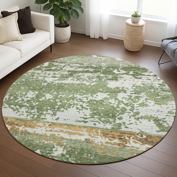 HomeRoots 8' Artichoke Green, Gold & Pewter Round Striped Area Rug - Washable, Durable, Indoor/Outdoor Style 690431