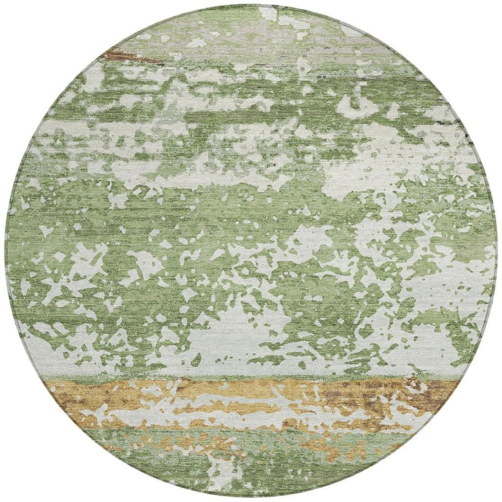 HomeRoots 8' Artichoke Green, Gold & Pewter Round Striped Area Rug - Washable, Durable, Indoor/Outdoor Style 690431