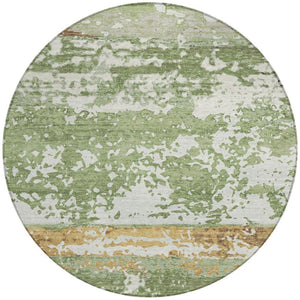 HomeRoots 8' Artichoke Green, Gold & Pewter Round Striped Area Rug - Washable, Durable, Indoor/Outdoor Style 690431
