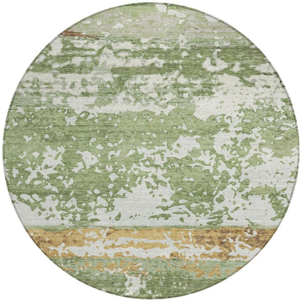 HomeRoots 8' Artichoke Green, Gold & Pewter Round Striped Area Rug - Washable, Durable, Indoor/Outdoor Style 690431