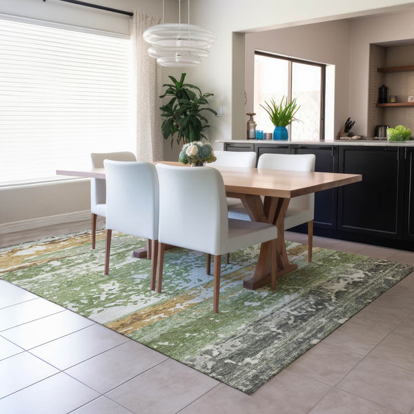 HomeRoots 10' Stylish Artichoke Green Striped Area Rug - Washable, Durable, Indoor/Outdoor Use, Pet-Friendly 690434