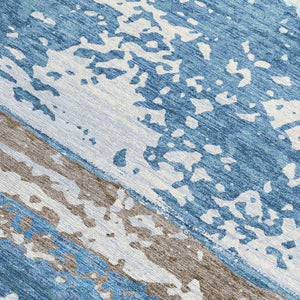 HomeRoots 5' Striped Indoor Outdoor Area Rug - Blue, Ivory & Brown, Washable, Durable, Perfect for High-Traffic Spaces 690436