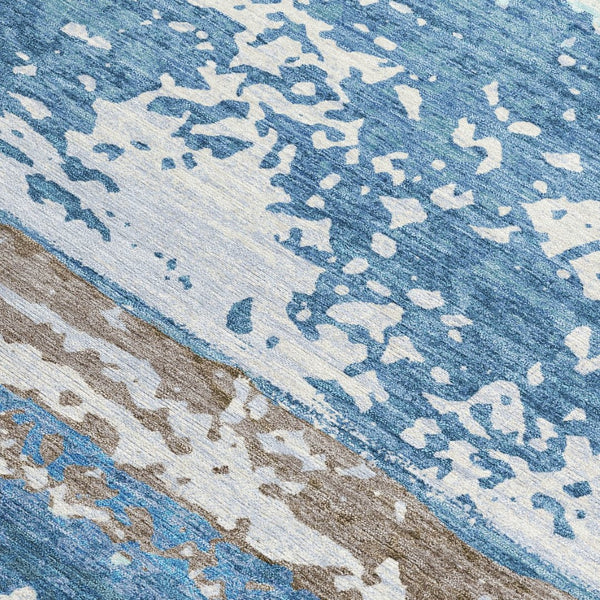 HomeRoots 5' Striped Indoor Outdoor Area Rug - Blue, Ivory & Brown, Washable, Durable, Perfect for High-Traffic Spaces 690436