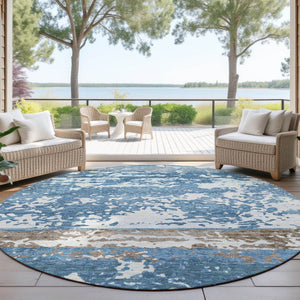 HomeRoots 8' Stylish Blue Ivory Brown Striped Washable Round Area Rug for Indoor & Outdoor Use – Durable & Easy Care 690437
