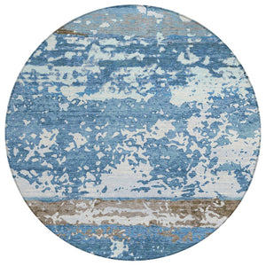 HomeRoots 8' Stylish Blue Ivory Brown Striped Washable Round Area Rug for Indoor & Outdoor Use – Durable & Easy Care 690437