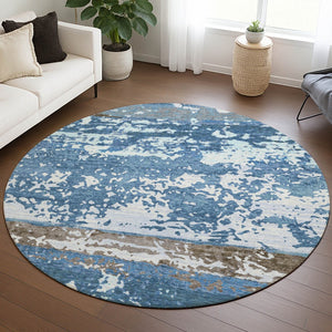 HomeRoots 8' Stylish Blue Ivory Brown Striped Washable Round Area Rug for Indoor & Outdoor Use – Durable & Easy Care 690437