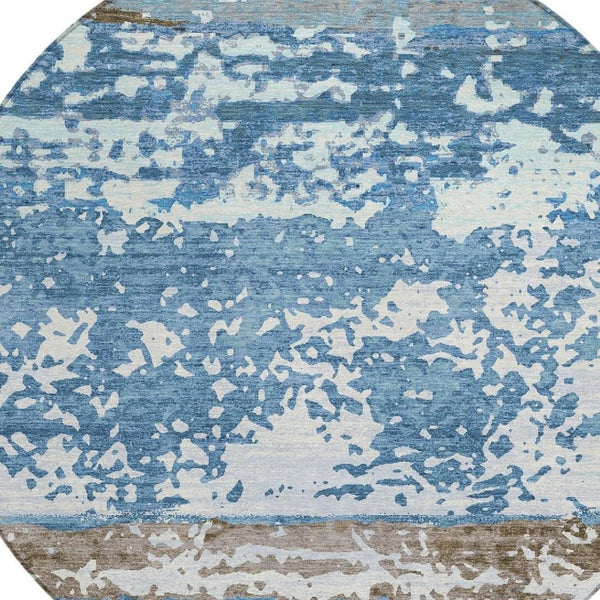 HomeRoots 8' Stylish Blue Ivory Brown Striped Washable Round Area Rug for Indoor & Outdoor Use – Durable & Easy Care 690437
