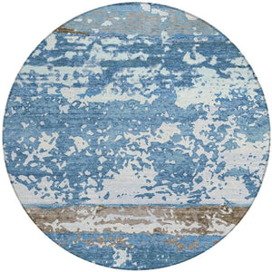 HomeRoots 8' Stylish Blue Ivory Brown Striped Washable Round Area Rug for Indoor & Outdoor Use – Durable & Easy Care 690437