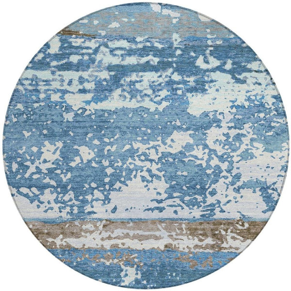 HomeRoots 8' Stylish Blue Ivory Brown Striped Washable Round Area Rug for Indoor & Outdoor Use – Durable & Easy Care 690437