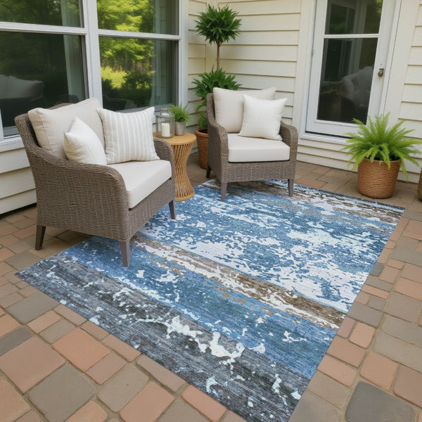 HomeRoots 10' Blue Ivory and Brown Striped Washable Area Rug - Durable for Indoor & Outdoor Use, Easy Clean! 690440