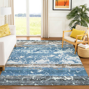 HomeRoots 10' Blue Ivory and Brown Striped Washable Area Rug - Durable for Indoor & Outdoor Use, Easy Clean! 690440