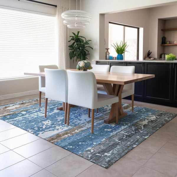 HomeRoots 10' Blue Ivory and Brown Striped Washable Area Rug - Durable for Indoor & Outdoor Use, Easy Clean! 690440