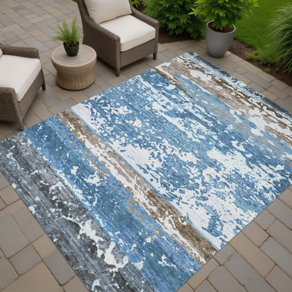 HomeRoots 10' Blue Ivory and Brown Striped Washable Area Rug - Durable for Indoor & Outdoor Use, Easy Clean! 690440