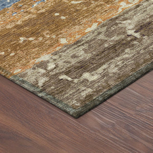 HomeRoots 5' Washable Gold Blue Rust Striped Area Rug - Durable Indoor Outdoor Comfort for High-Traffic Spaces 690442