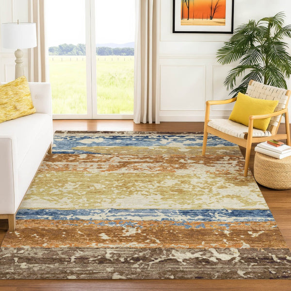 HomeRoots 5' Washable Gold Blue Rust Striped Area Rug - Durable Indoor Outdoor Comfort for High-Traffic Spaces 690442