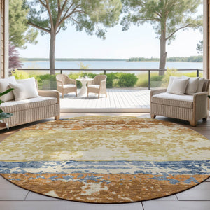 HomeRoots 8' Striped Washable Area Rug in Gold, Blue & Rust - Perfect for Indoor & Outdoor Living Spaces! 690443