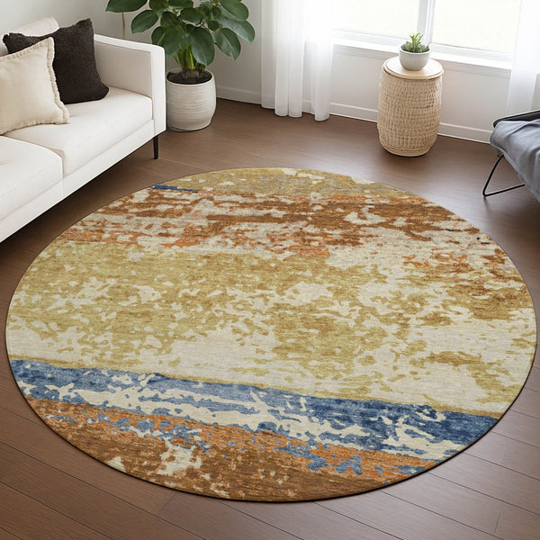 HomeRoots 8' Striped Washable Area Rug in Gold, Blue & Rust - Perfect for Indoor & Outdoor Living Spaces! 690443