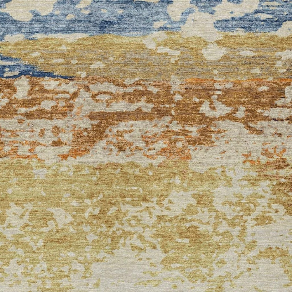 HomeRoots 8' X 10' Washable Striped Area Rug in Gold, Blue & Rust - Durable for Indoor & Outdoor Spaces! 690444