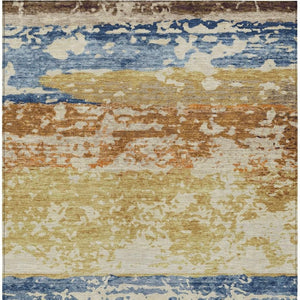 HomeRoots 8' X 10' Washable Striped Area Rug in Gold, Blue & Rust - Durable for Indoor & Outdoor Spaces! 690444