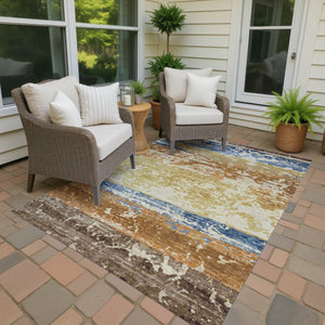 HomeRoots 8' X 10' Washable Striped Area Rug in Gold, Blue & Rust - Durable for Indoor & Outdoor Spaces! 690444
